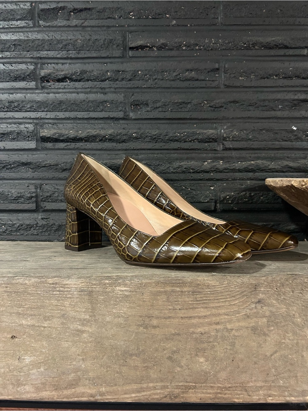 Inez Frida Heels in Olive Croc-Embossed Block Heel Pumps - Women